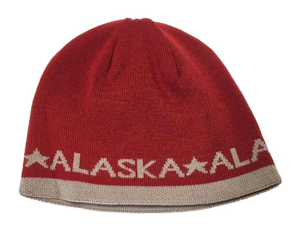 3763 Alaska Beanie Knit Hat Reverseable Red Tan, 5 7/8